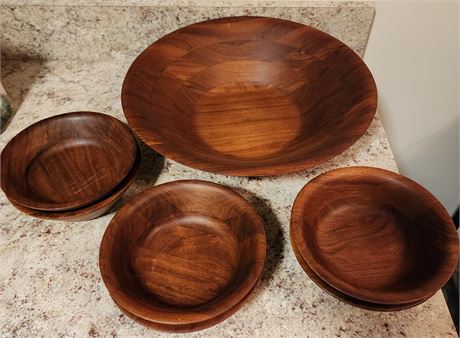 MCM Burl Walnut Salad Bowl Set~ Serving Bowl w/ 6 Salad Bowls