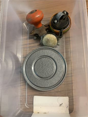 Round Red/Orange Brodie/Suicide Knob, Hamburger Knob, Film Tin
