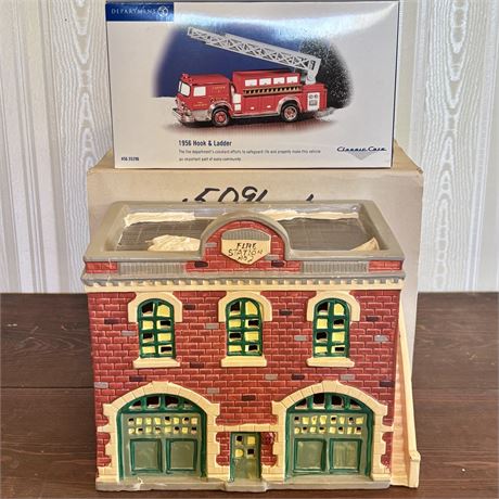 Dept. 56 Original Snow Village 1987 Fire Station & 1956 Hook & Ladder Fire Truck