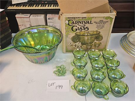 Indiana Glass Carnival Green Glass Punch Bowl / Cups / Ladle & Hangers
