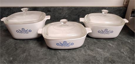 Set of 3 Lidded Vintage Corningware Cornflower Blue Bakeware