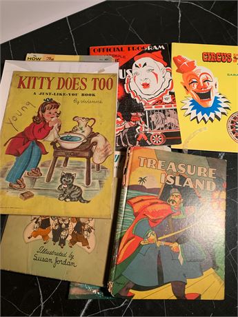 Vintage Childrens Books/Programs Kitty Does Too, Treasure Island, Three Pigs