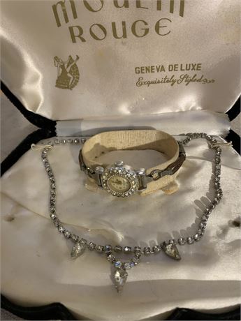 Moulin Rouge Geneva De Luxe Rhinestone Lady's Necklace and Wristwatch Set