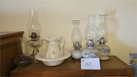 Vintage Oil Lamps, Ironstone Transferware Pitcher & Basin & More