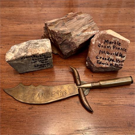 WWI Marble Pieces From France and Trench Art Letter Opener