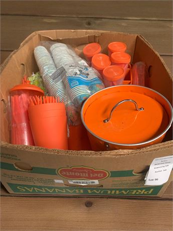 Brown's Themed Orange Plastic Party Picnicware Lot - Flatware, Ice Bucket & More