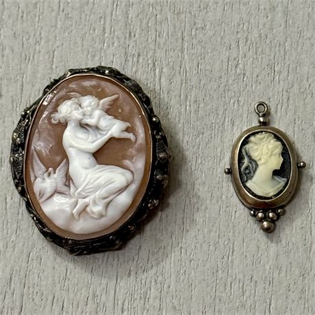 Antique Victorian Sterling Silver Cameo Brooch and Pendant