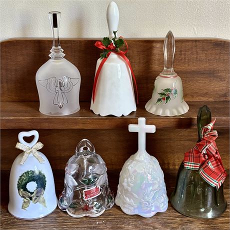 Mixed Grouping of 7 Holiday Themed Bells - Fenton, Crystal & More