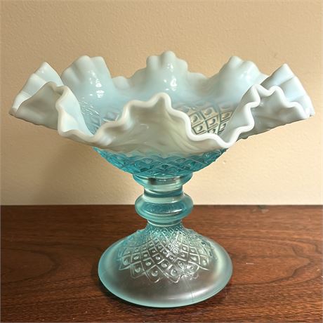 Vintage Fenton Diamond Lace Aqua Opalescent Art Glass Footed Candle Holder
