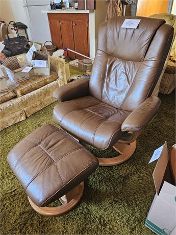 Brown Faux Leather Swivel Arm Chair & Ottoman