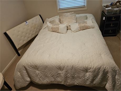 Queen Size Bed - White Leather Headboard - With All Bedding & Pillows