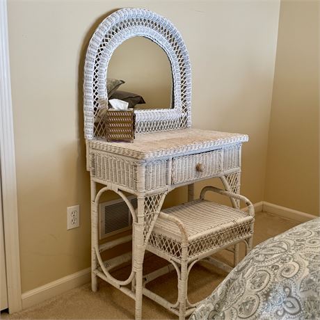 Vintage Wicker Vanity Table and Stool