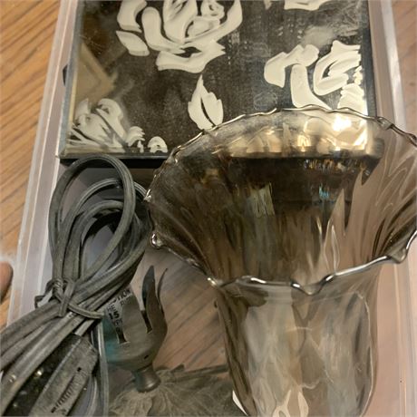 Smoked Mirrored Flower Etched Trinket Box & Tiffany Style Tulip Glass Lamp