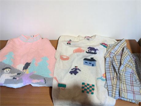 Mens/Ladies 80s Novelty Sweaters & Plaid Shirts By Mentor, Van Heusen (Size M/L)