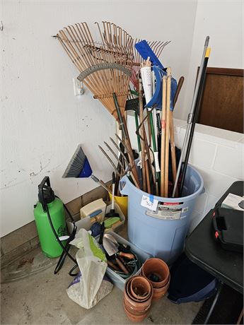 Garage Corner Cleanout: Yard Tools / Rakes / Brooms / Shovels / Sprayer & More