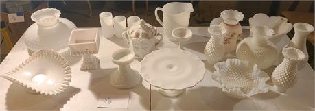 Nice Mixed Lot of Milk Glass:Hobnail/Ruffle/Vases/Fruit Bowls & More