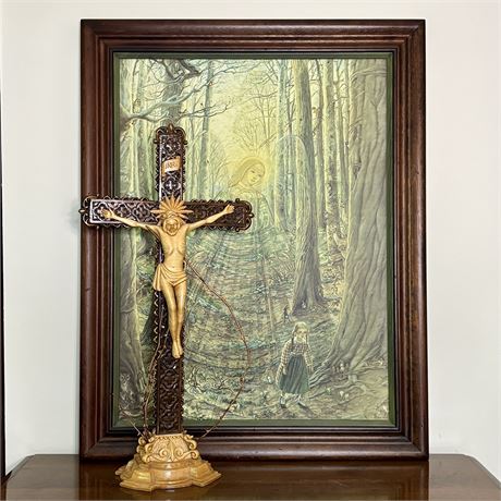 Vintage Lauren Ford "The Guardian Angel" Framed Print and Artisan Crucifix