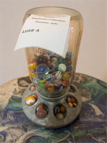 Glass Marbles in Metal and Glass Chicken Feeder (Vintage)