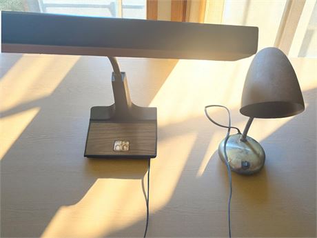Vintage Metal Gooseneck Table Lamp & MCM Gooseneck Wood Grain Desk Lamp