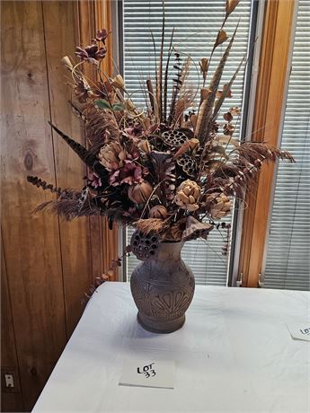 Carved Red Clay Vase with Dried Floral