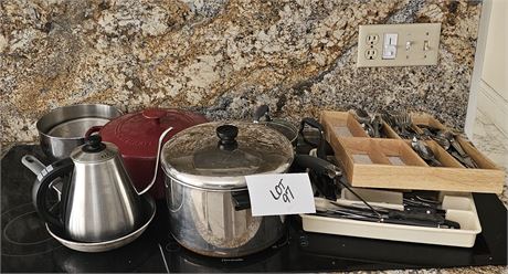 Pots,Pans,Flatware- Cuisinart Red Enamel Lidded Pot, Revereware & More