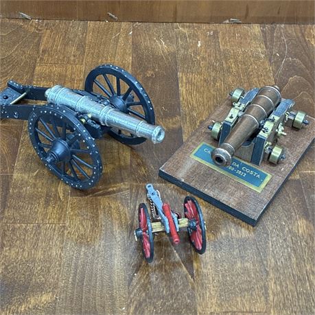 Collection of Old Die Cast Metal, Brass & Wood Classic Cannon Models