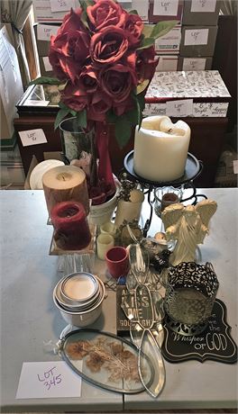 Mixed Decor Lot: Faux Floral / Candle Holders / Candles & More