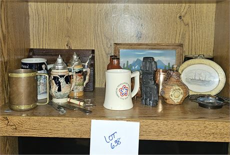 Mixed Decor Lot: Steins, Bottles, Art & More