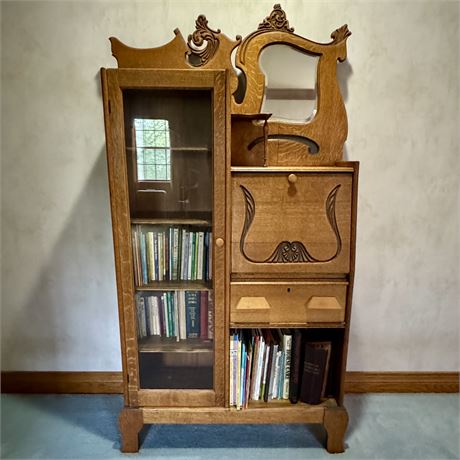 Antique Oak Side by Side Secretary Desk and Bookshelf - 36.5 x 11.5 x 68"T