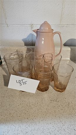 Hazel Atlas Pink Ice Tea & Old Fashioned Drinking Glasses & Pink Coffee Carafe