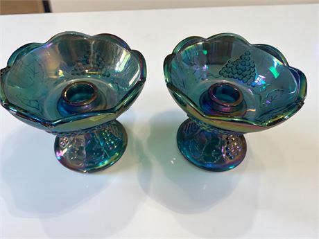 Carnival Glass Candleholders With Grape Pattern - Lot of 2