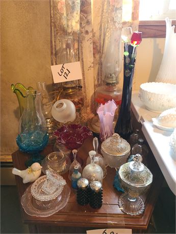 Mixed Glass:Oil Lamps/Fenton/Art Glass/Glass Bells/S&P Set & Much More