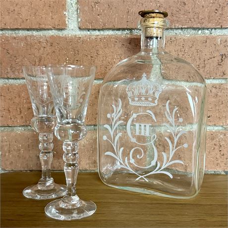 King Gustav III Swedish Glass Decanter Set - ORIGINAL COIN CORK