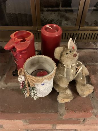 Candle Lot with Vintage Black Metal Stands and Teddy Bear