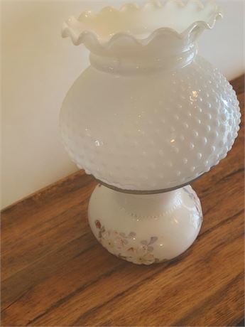 Vintage Hurricane Table Lamp with Hobnail Milk Glass Shade and Floral Base