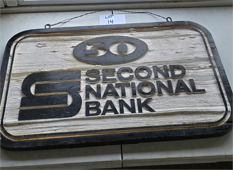 Vintage Wooden Second National Bank. Double sided advertising sign