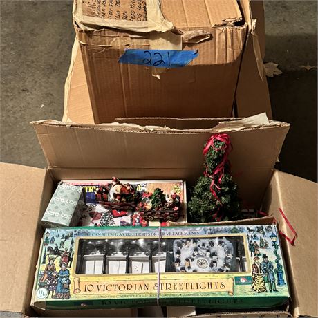 3 Boxes of Complete Christmas Village Buildings and Accessory Pieces