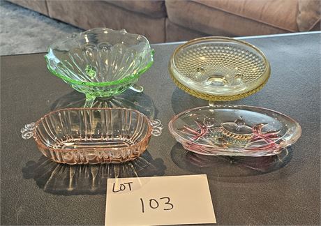 Mixed Depression Glass: Footed Green Uranium Bowl & More