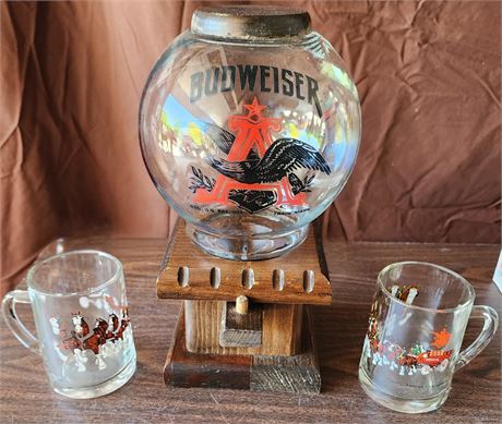 Anheuser-Busch Budweiser Wood/Glass Peanut Dispenser w/2 glass mugs