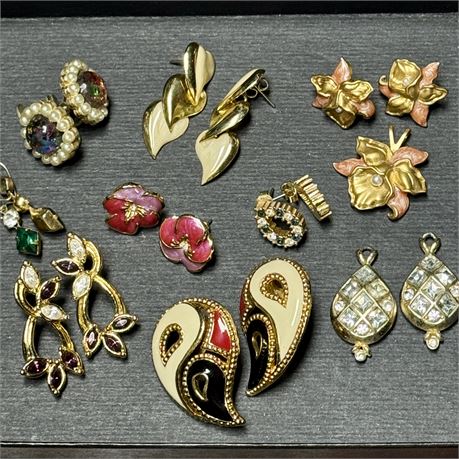 Vintage Gold-Tone Earrings Lot - Rhinestone, Enamel, Dangle, Etc.