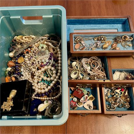 Costume Jewelry Lot in Musical Jewelry Box and Small Bin - Signed, GF, Sets, Etc