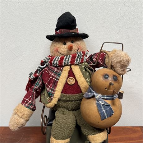 Cute Country Snowman in 13"L Sled and His Buddy Gourdy