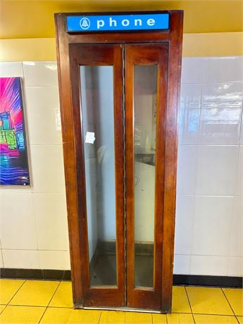 Bell System Wood & Metal Telephone Booth W/Sliding Bifold Glass Door
