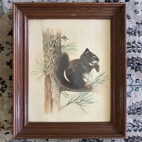 Vintage Woodland Squirrel Wood Framed Litho - 20.5 x 24.5"