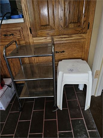 Metal Storage Cart on Castors & Small White Benches