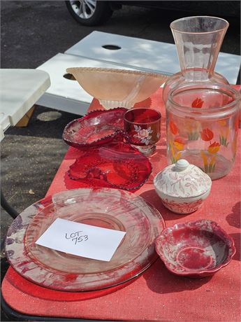 Mixed Pink & Ruby Glass Lot - Light Cover / Vases / Plates & More