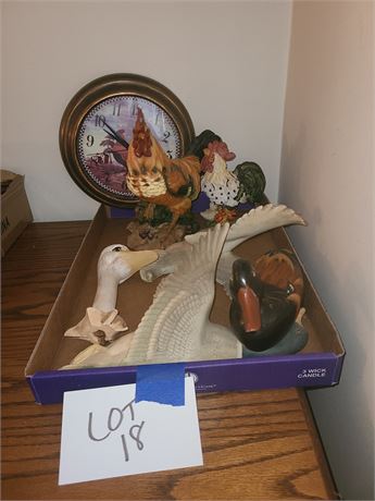 Home Decor Lot:Wood Duck Decoy/Rooster Figurines&Clock/3D Duck Wall Decor&More