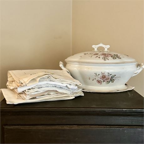 Wallace & Chetwynd Soup Tureen & Vintage Embroidered Pieces