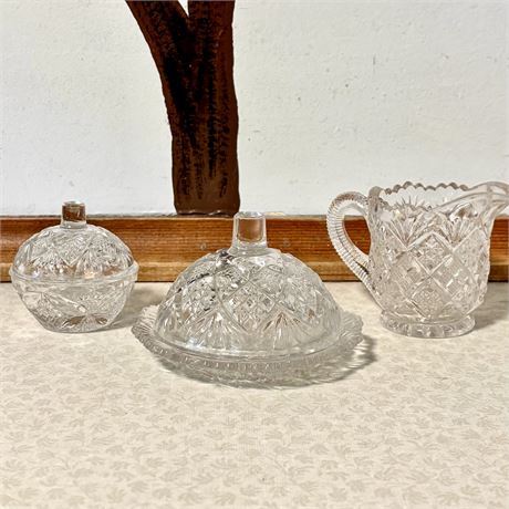 Mid Century MINI Pressed Glass Creamer, Sugar and Covered Butter Dishes