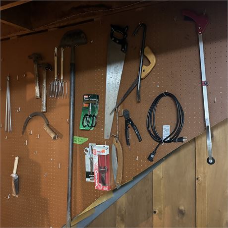 Pegboard Wall Contents - Tools, Garden Scissors, Misc.